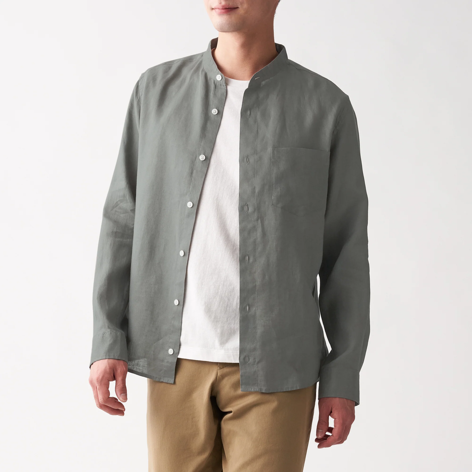 Men's French Linen Washed Stand Collar Shirt - Image 53
