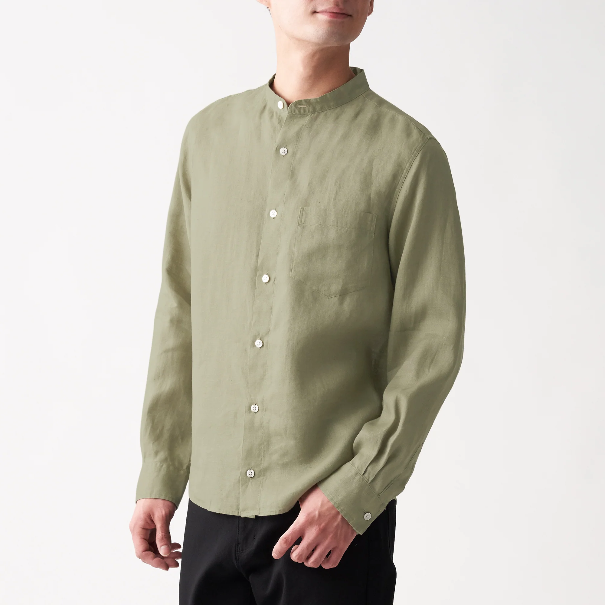 Men's French Linen Washed Stand Collar Shirt - Image 60