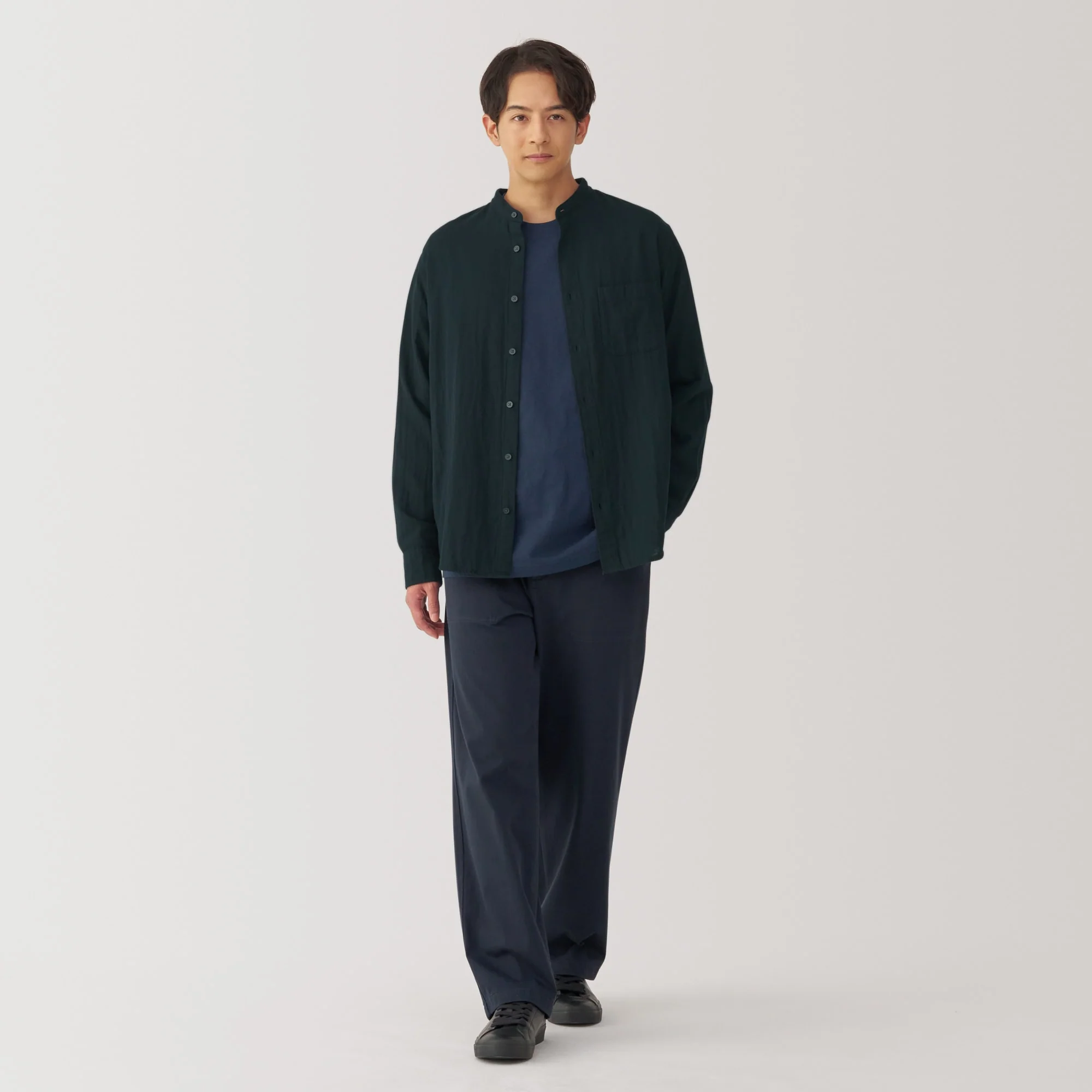 Men's Kapok Blend Double Gauze Stand Collar Long Sleeve Striped Shirt - Image 31