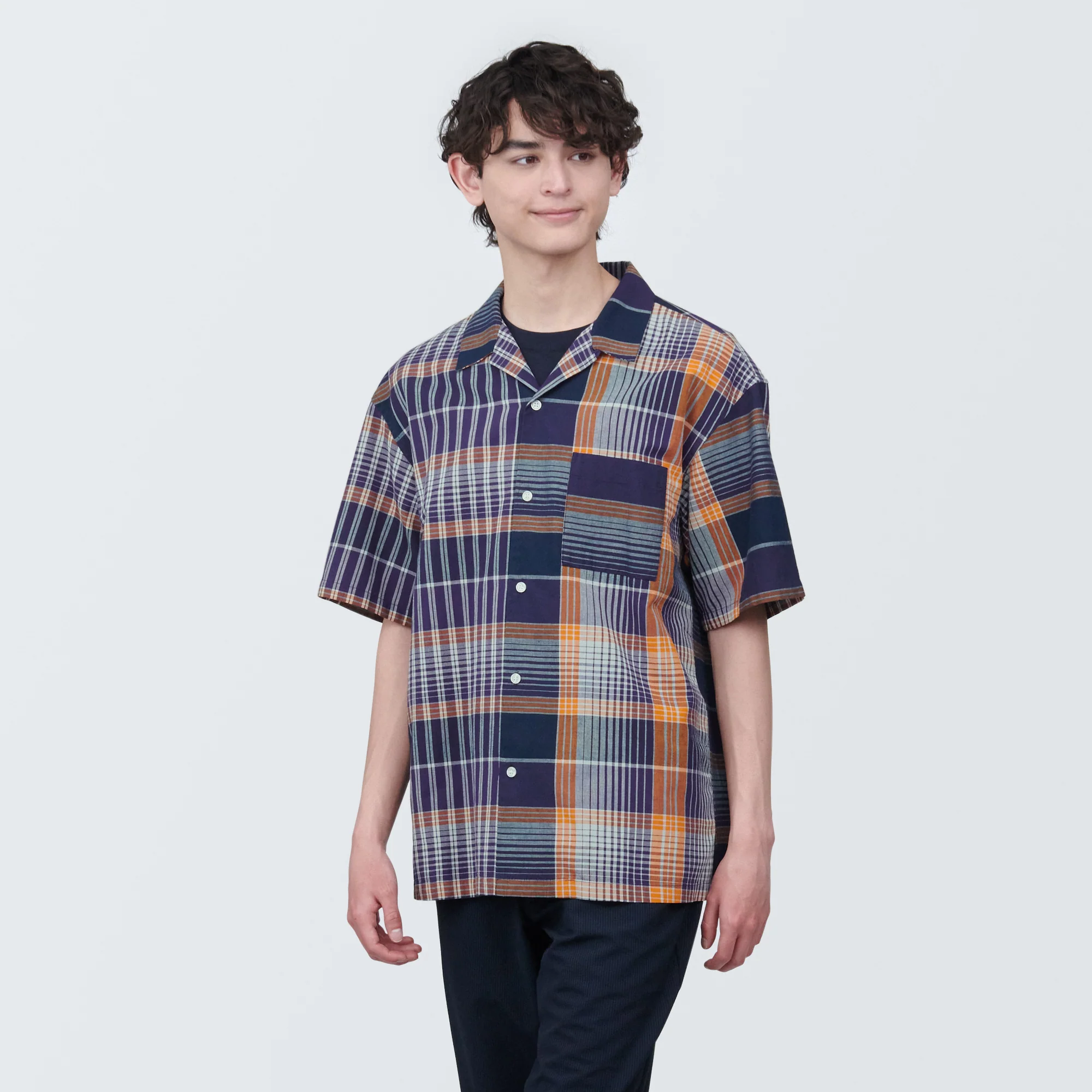 Men's Madras Check Open Collar Short Sleeve Shirt