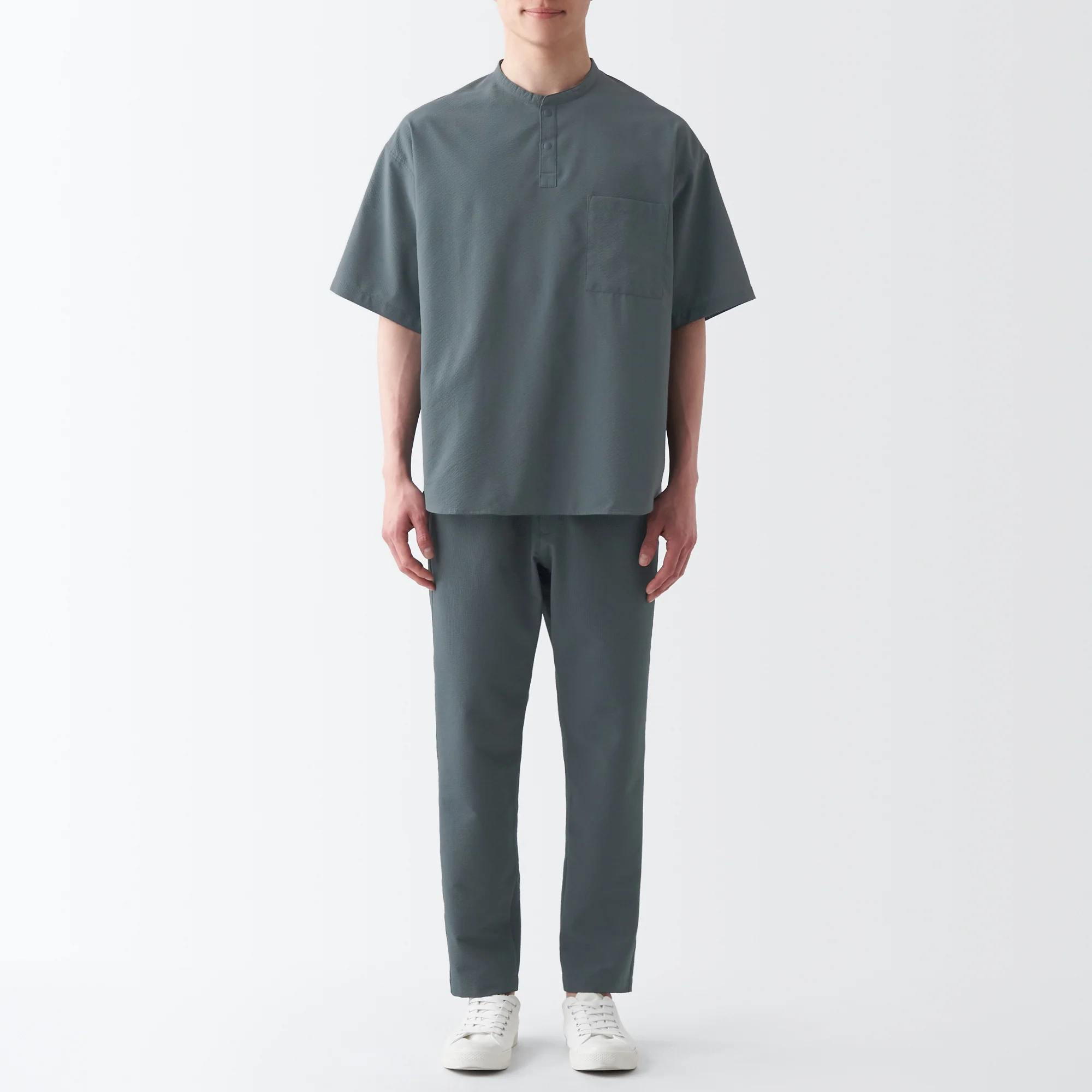 Men's Seersucker Henry Neck Woven T-Shirt - Image 22