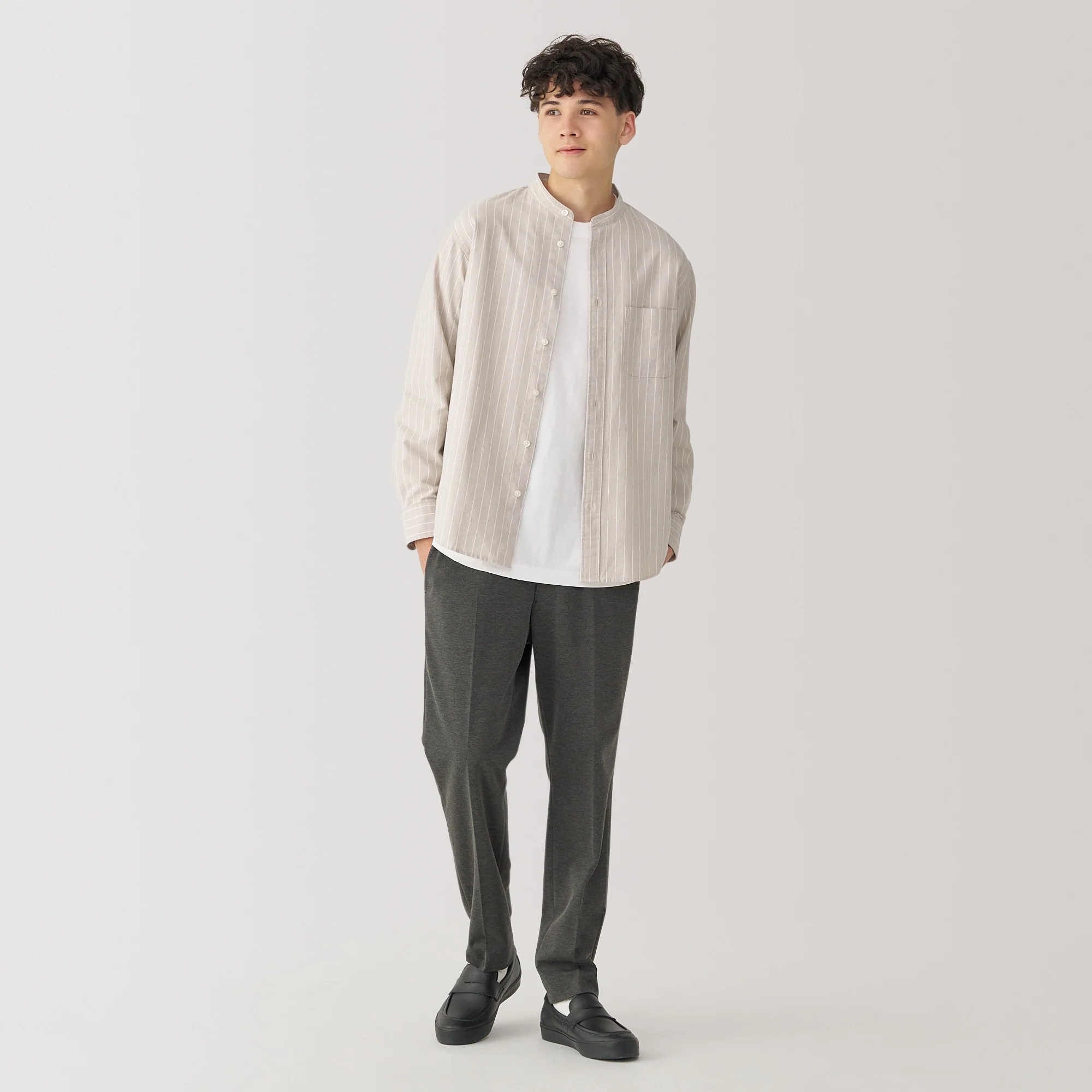 Men's Washed Oxford Stand Collar Long Sleeve Shirt - Image 36