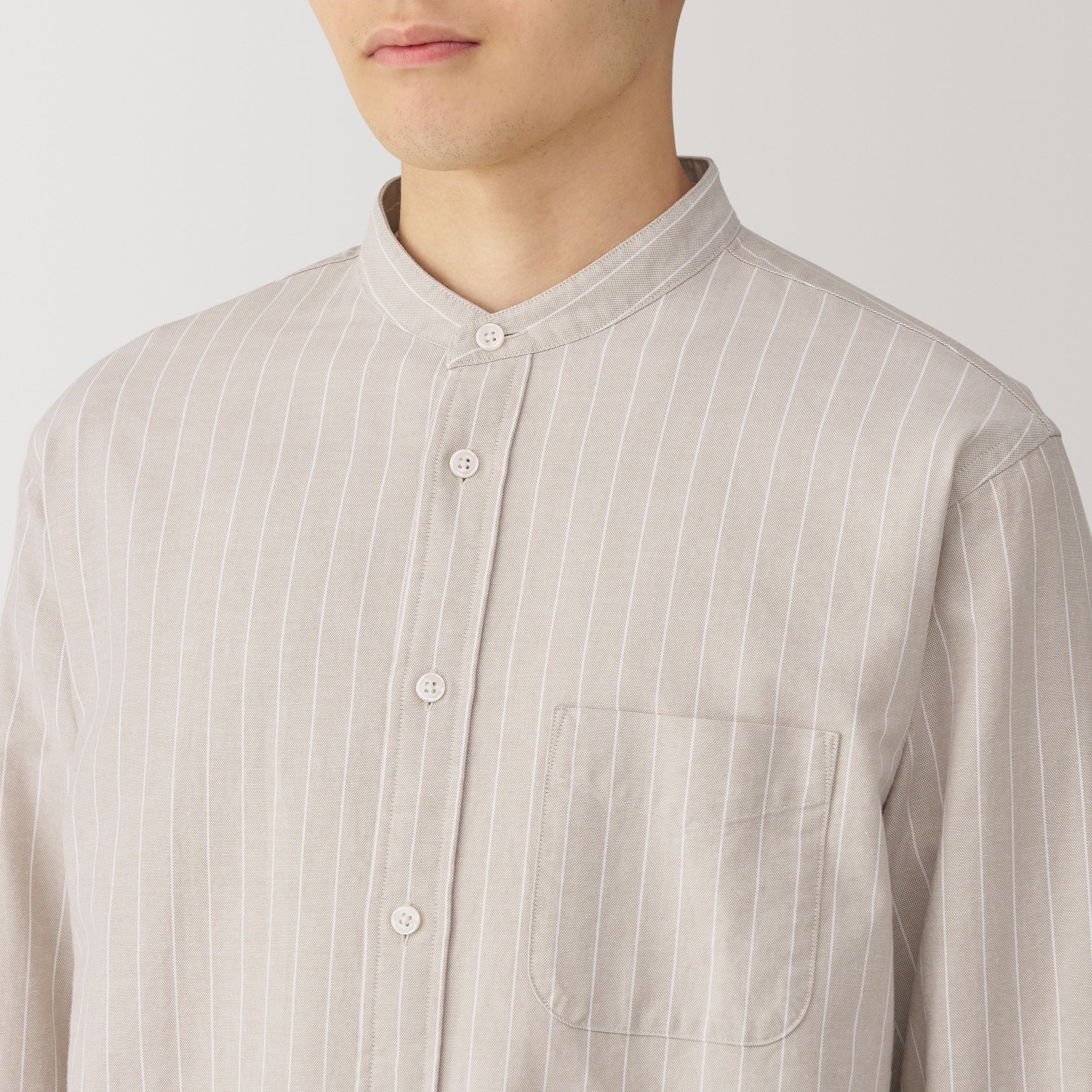 Men's Washed Oxford Stand Collar Long Sleeve Shirt - Image 39