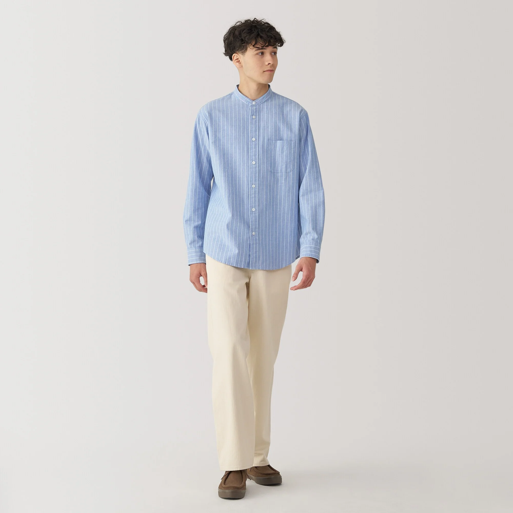 Men's Washed Oxford Stand Collar Long Sleeve Shirt - Image 44