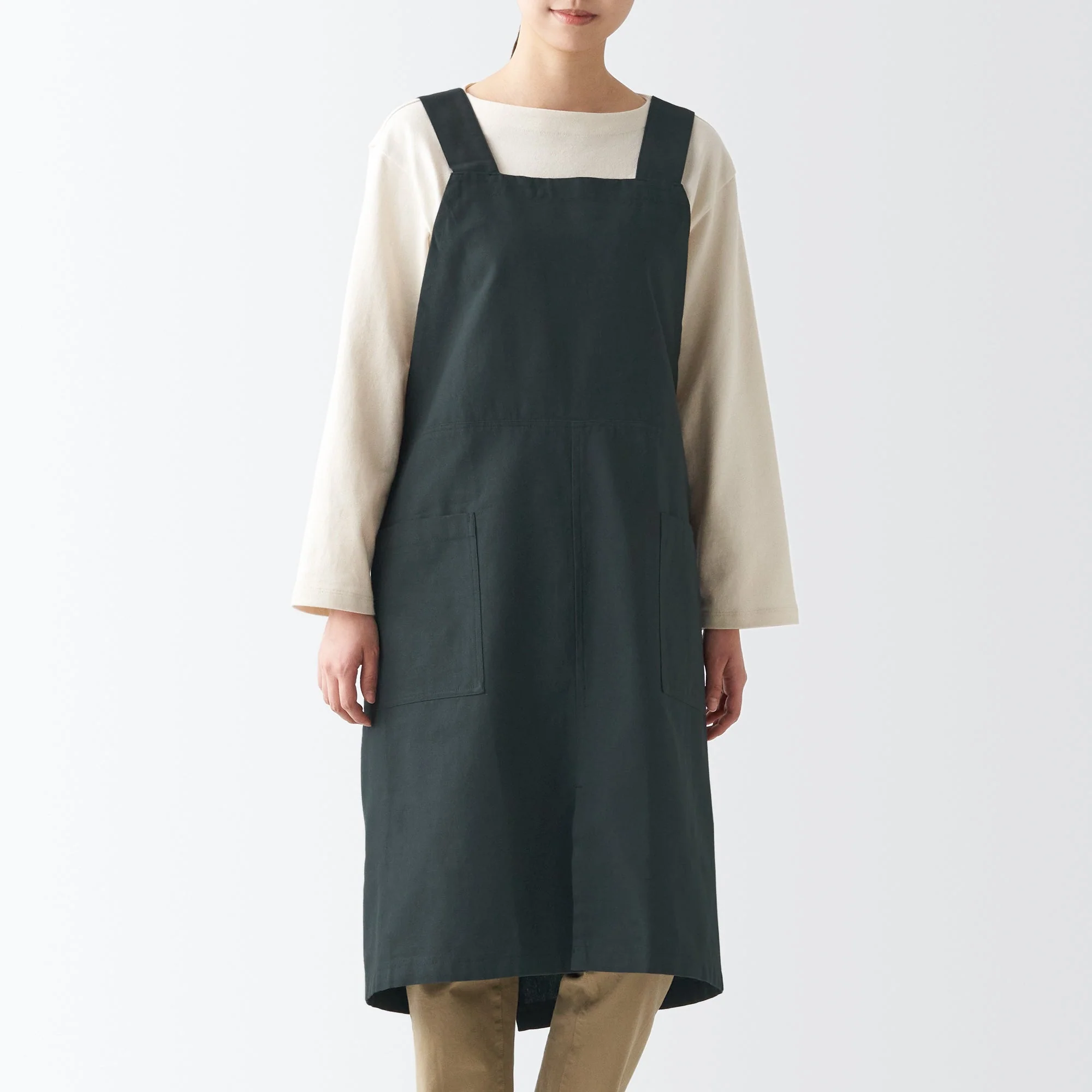 Plain Weave Cotton Shoulder Strap Apron - Dark Gray - Image 2