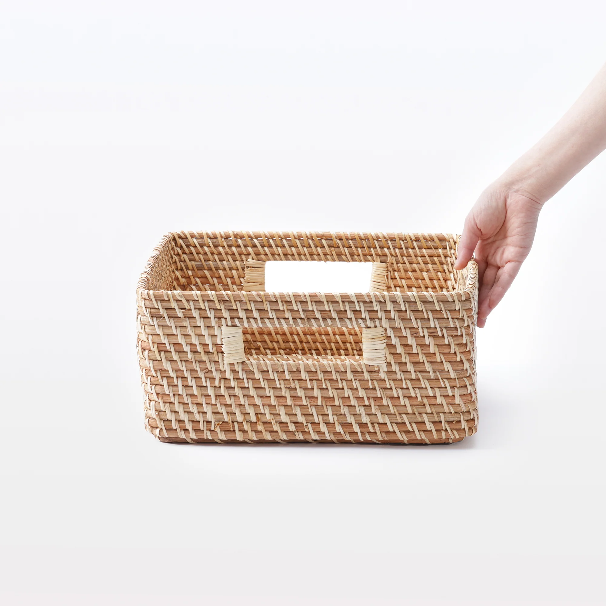 Rattan Stackable Square Basket With Handle - Medium W13.8 x D14.2 x H6.3" - Image 8